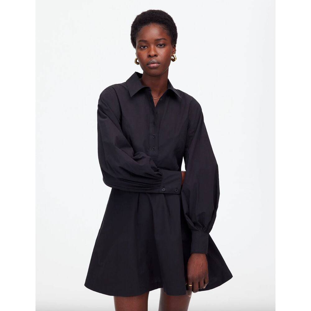 Madewell Seamed Long Sleeve Mini Shirtdress Poplin Black Minimalist US 8 NWT